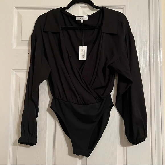 NWT Milly silk bodysuit long sleeve wrap top black - Picture 5 of 9